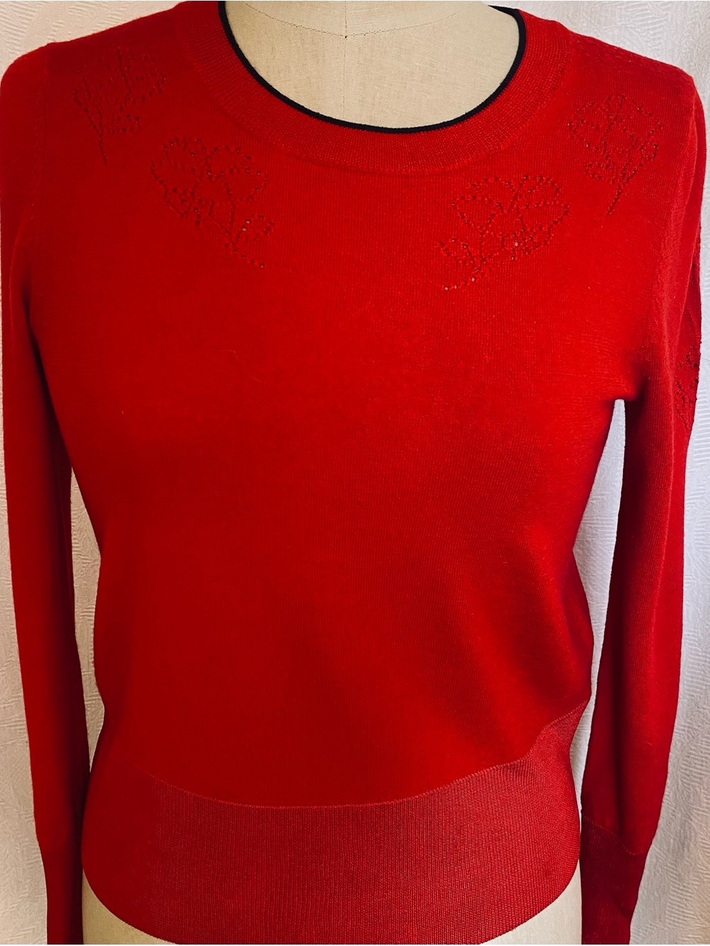 rag &bone true red sweater in merino wool and rayon with pointelle detail